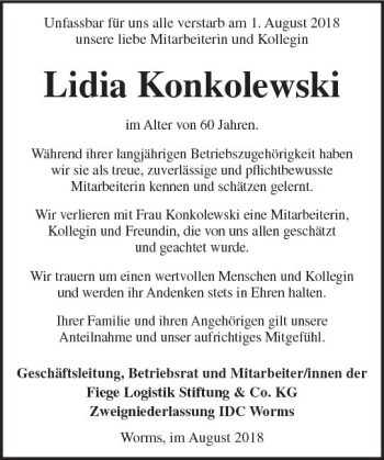 Traueranzeige von Lidia Konkolewski von vrm-trauer