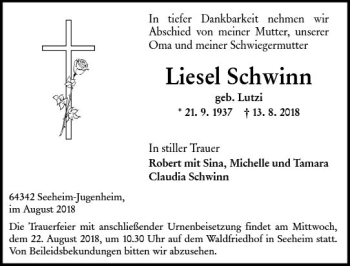 Traueranzeige von Liesel Schwinn von vrm-trauer