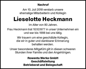 Traueranzeige von Lieselotte Heckmann von vrm-trauer