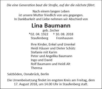 Traueranzeige von Lina Baumann von  Gießener Anzeiger