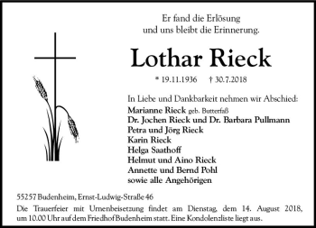 Traueranzeige von Lothar Rieck von vrm-trauer