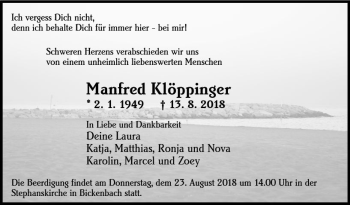 Traueranzeige von Manfred Klöppinger von vrm-trauer