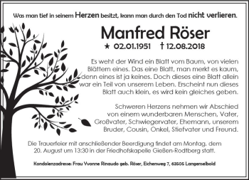 Traueranzeige von Manfred Röser von  Gießener Anzeiger