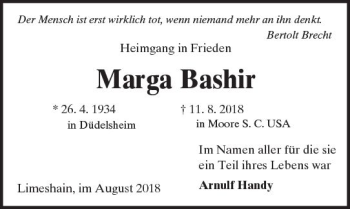 Traueranzeige von Marga Bashir von  Kreisanzeiger