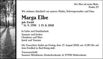 Traueranzeige von Marga Elbe von vrm-trauer