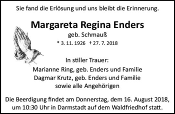 Traueranzeige von Margareta Regina Enders von vrm-trauer
