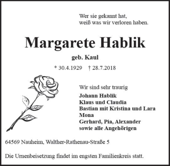Traueranzeige von Margarete Hablik von vrm-trauer