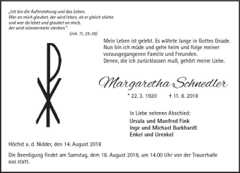 Traueranzeige von Margaretha Schnedler von  Kreisanzeiger