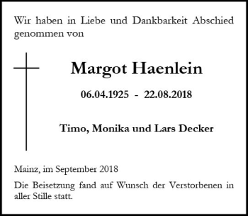 Traueranzeige von Margot Haenlein von vrm-trauer