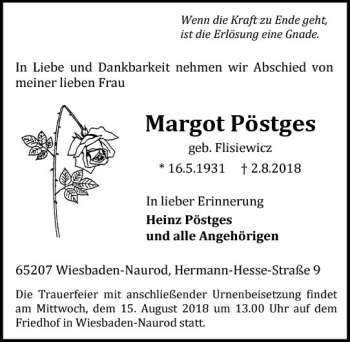 Traueranzeige von Margot Pöstges von vrm-trauer
