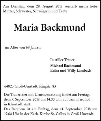 Traueranzeige von Maria Backmund von vrm-trauer