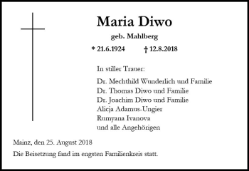 Traueranzeige von Maria Diwo von vrm-trauer