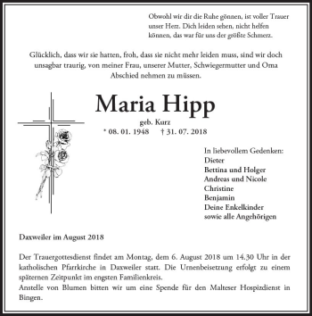 Traueranzeige von Maria Hipp von vrm-trauer