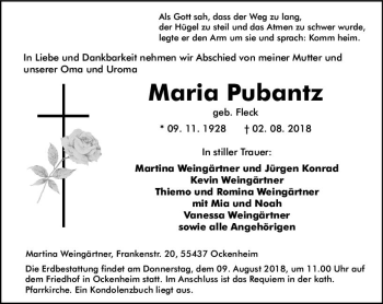 Traueranzeige von Maria Pubantz von vrm-trauer