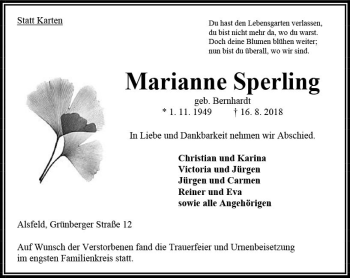 Traueranzeige von Marianne Sperling von VRM Trauer