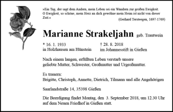 Traueranzeige von Marianne Strakeljahn von  Gießener Anzeiger