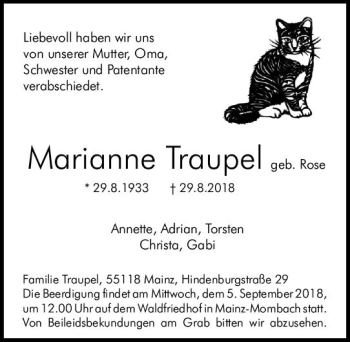 Traueranzeige von Marianne Traupel von vrm-trauer