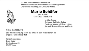Traueranzeige von Marie Schäfer von vrm-trauer