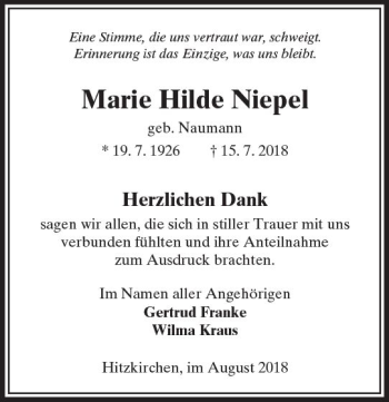 Traueranzeige von Marie Hilde Niepel von  Kreisanzeiger