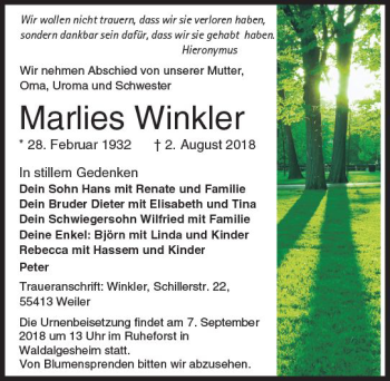 Traueranzeige von Marlies Winkler von vrm-trauer