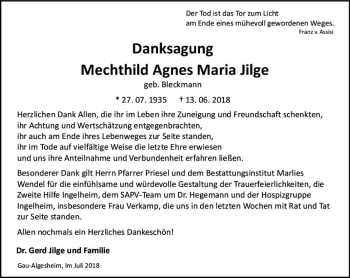 Traueranzeige von Mechthild Agnes Maria Jilge von vrm-trauer