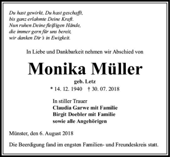 Traueranzeige von Monika Müller von  Gießener Anzeiger