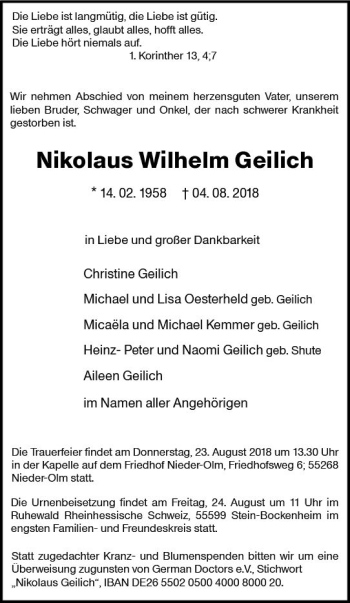 Traueranzeige von Nikolaus Wilhelm Geilich von vrm-trauer