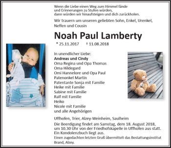 Traueranzeige von Noah Paul Lamberty von vrm-trauer