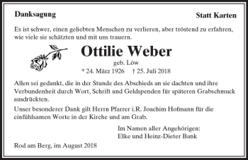 Traueranzeige von Ottilie Weber von  Usinger Anzeiger