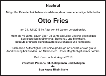 Traueranzeige von Otto Fries von vrm-trauer