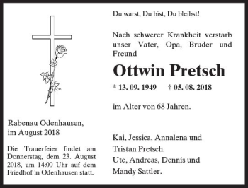 Traueranzeige von Ottwin Pretsch von  Gießener Anzeiger