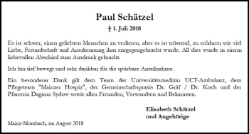 Traueranzeige von Paul Schätzel von vrm-trauer
