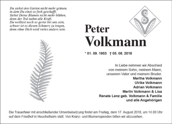 Traueranzeige von Peter Volkmann von  Gießener Anzeiger