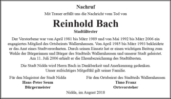 Traueranzeige von Reinhold Bach von  Kreisanzeiger