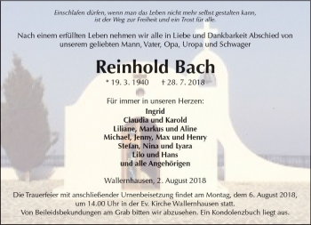 Traueranzeige von Reinhold Bach von  Kreisanzeiger