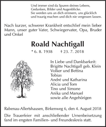 Traueranzeige von Roald Nachtigall von  Gießener Anzeiger