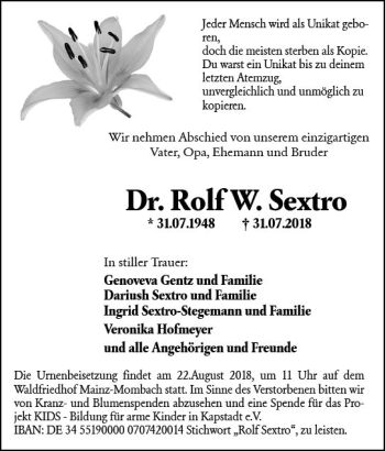 Traueranzeige von Rolf W. Sextro von vrm-trauer