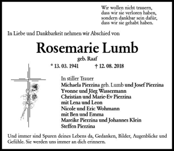 Traueranzeige von Rosemarie Lumb von vrm-trauer