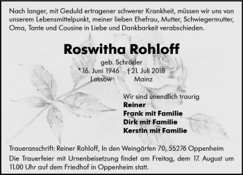 Traueranzeige von Roswitha Rohloff von vrm-trauer
