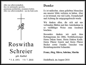 Traueranzeige von Roswitha Schreier von VRM Trauer