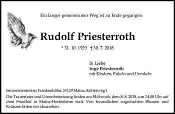 Traueranzeige von Rudolf Priesterroth von vrm-trauer