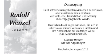 Traueranzeige von Rudolf Wenzel von  Kreisanzeiger