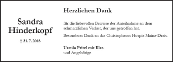 Traueranzeige von Sandra Hinderkopf von vrm-trauer