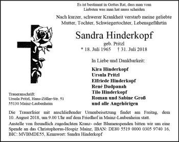 Traueranzeige von Sandra Hinderkopf von vrm-trauer
