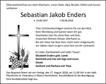 Traueranzeige von Sebastian Jakob Enders von vrm-trauer