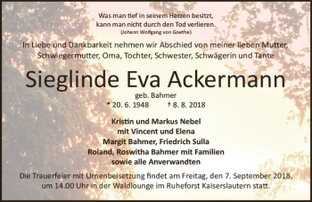 Traueranzeige von Sieglinde Evy Ackermann von vrm-trauer