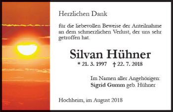 Traueranzeige von Silvan Hühner von vrm-trauer