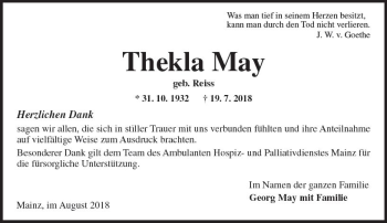 Traueranzeige von Thekla May von vrm-trauer