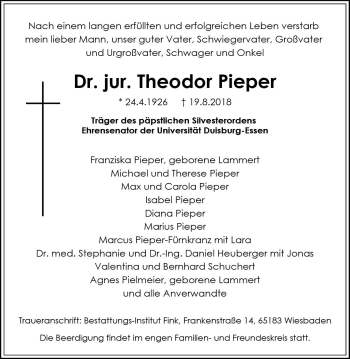 Traueranzeige von Theodor Pieper von vrm-trauer