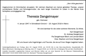 Traueranzeige von Theresia Dangelmayer von vrm-trauer